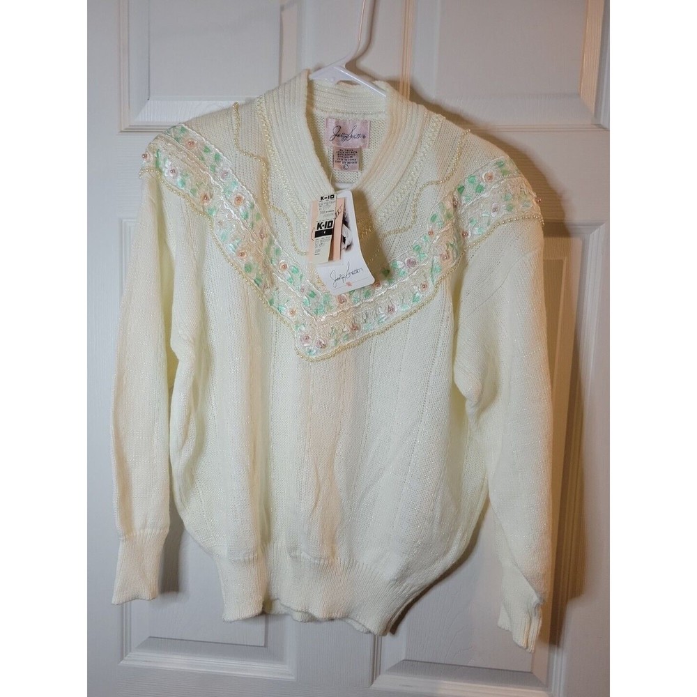 Vtg Jaclyn Smith V Neck Sweater w Lace and Beads Details white Size L